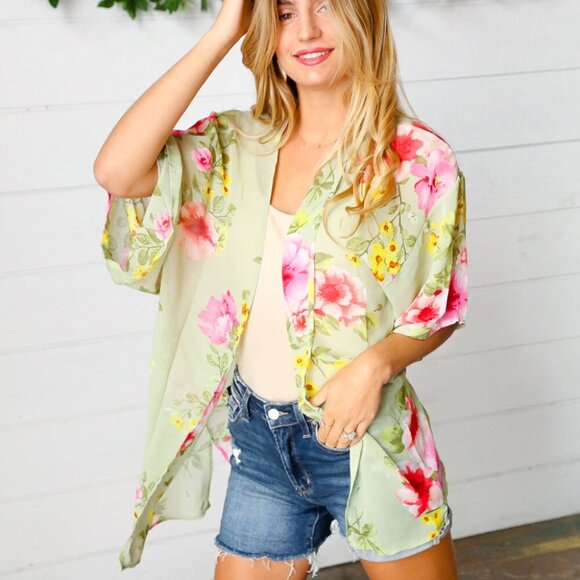 New Sage Floral Print Chiffon Cover Up Kimono  Size Large & 2X - Picture 3 of 8